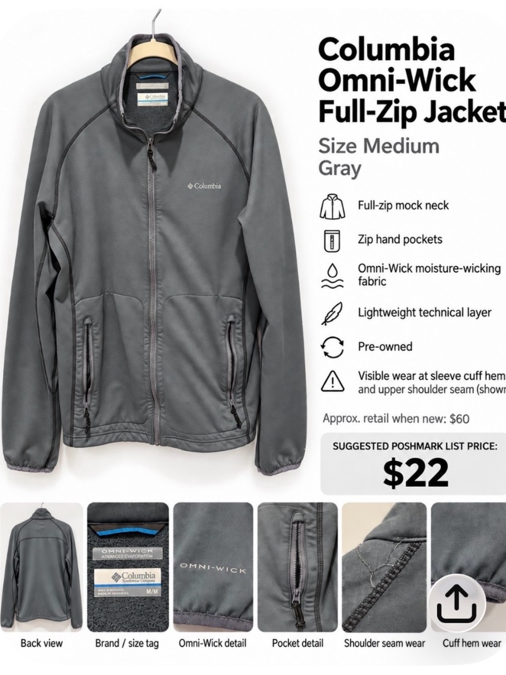 Columbia Gray Omni-Wick Lightweight Full-Zip Mock Neck Jacket